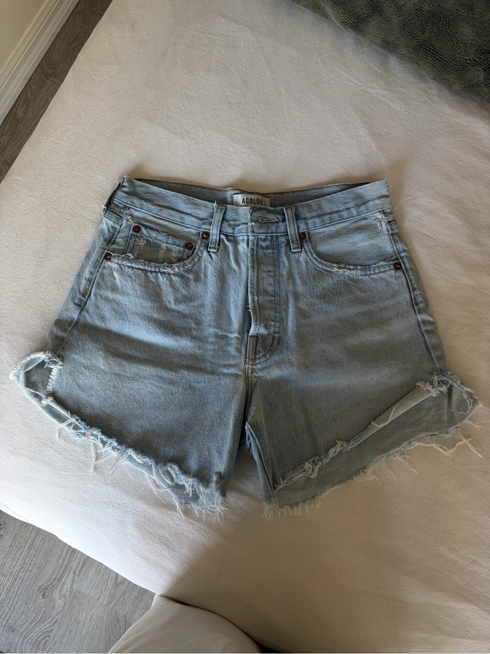 Agolde Parker Pale Blue High-Rise Frayed Denim Shorts